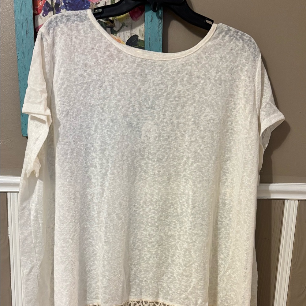 Umgee White Short-Sleeve Crochet Hem Tunic